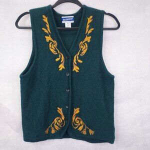 PENDLETON Vest Women's Petite M Green & Gold 100% Wool Button Up Embroidery VTG